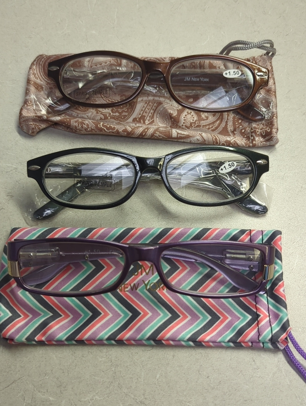 Set of 3 JM New York Reading Glasses with Cases - Brown, Black, Purple